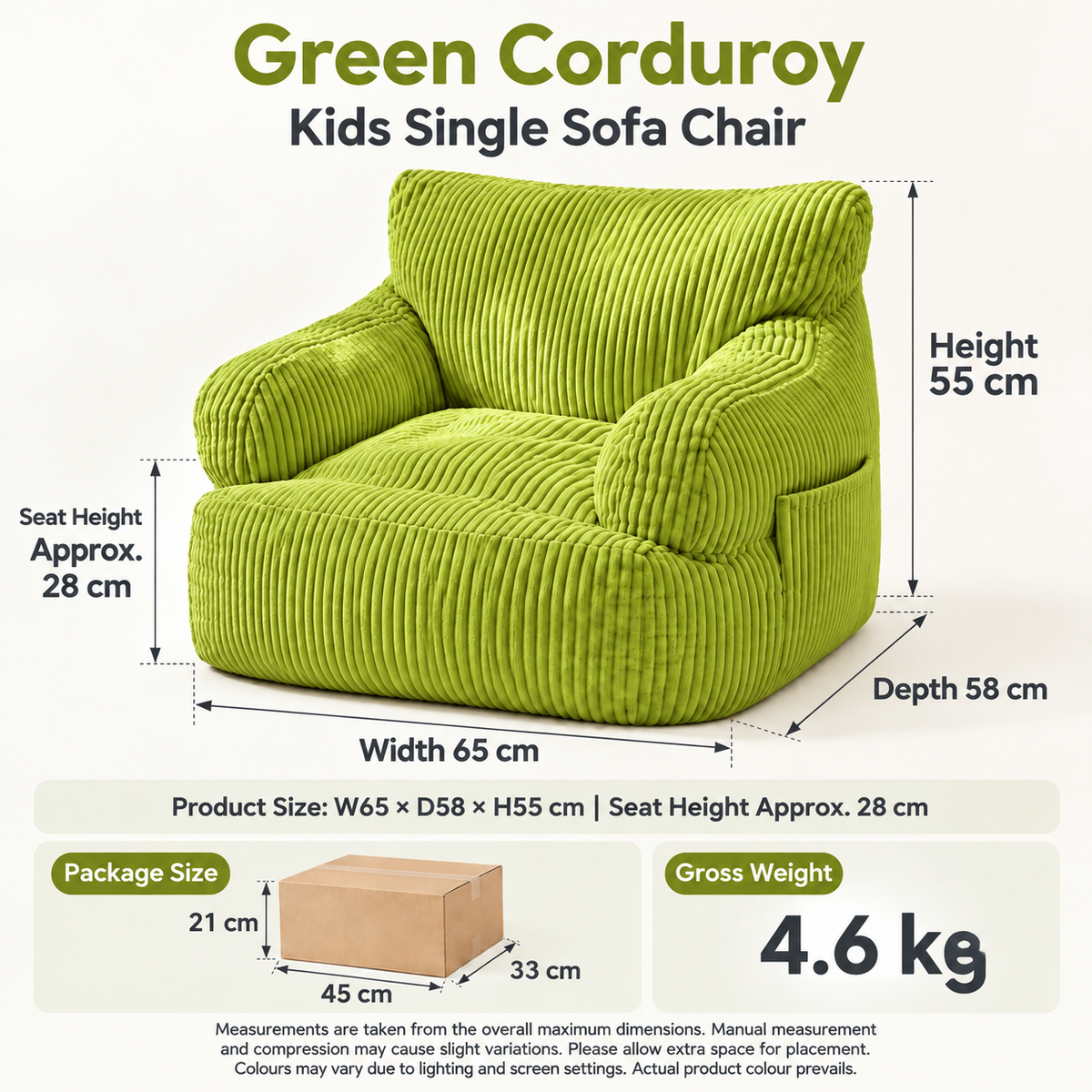 Kids Single Sofa Chair with Corduroy Fabric and Storage Pocket, Cozy Bean Bag Lounger for Children Bedroom and Home Reading Nook (Ivory)