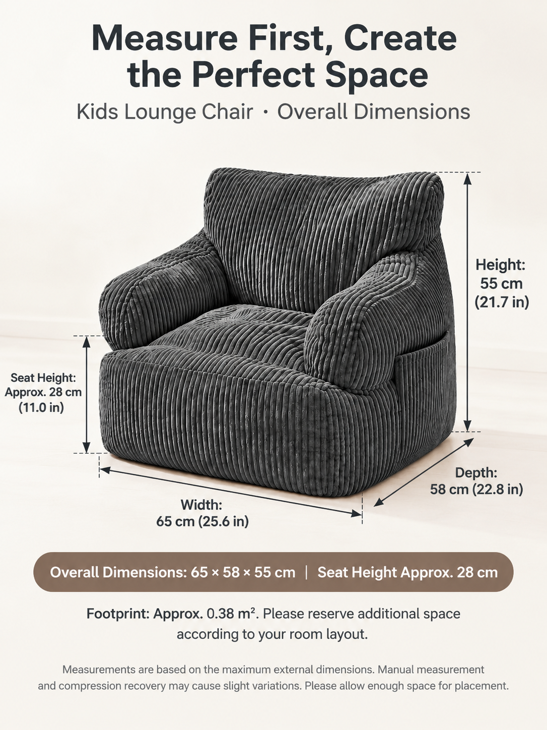 Kids Single Sofa Chair with Corduroy Fabric and Storage Pocket, Cozy Bean Bag Lounger for Children Bedroom and Home Reading Nook (Orange)
