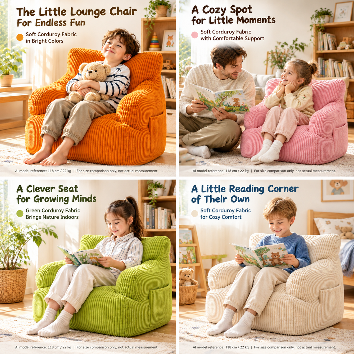 Kids Single Sofa Chair with Corduroy Fabric and Storage Pocket, Cozy Bean Bag Lounger for Children Bedroom and Home Reading Nook (Orange)