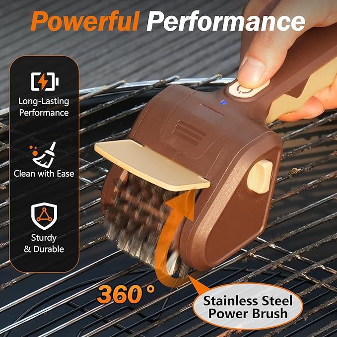 Handheld Electric Grill Cleaning Brush with Rotating Stainless Steel Head for Outdoor BBQ and Home Grill Maintenance (Brown)