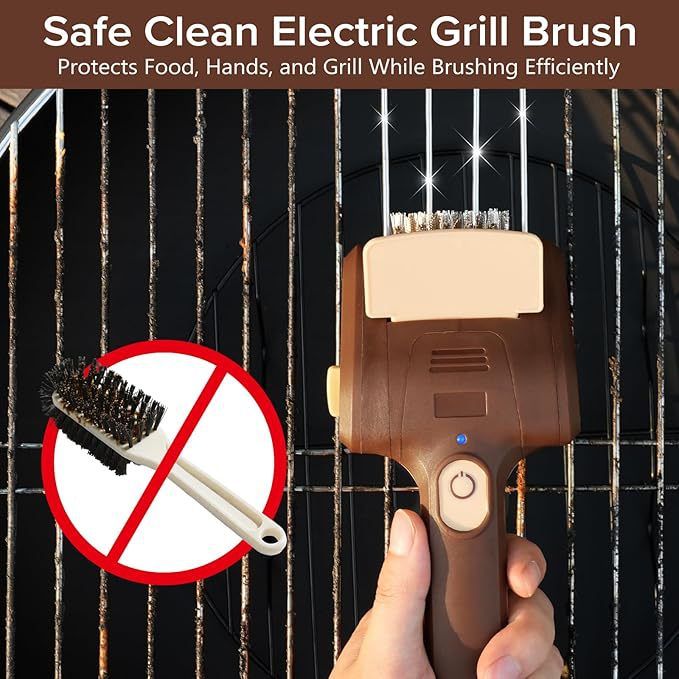 Handheld Electric Grill Cleaning Brush with Rotating Stainless Steel Head for Outdoor BBQ and Home Grill Maintenance (Brown)