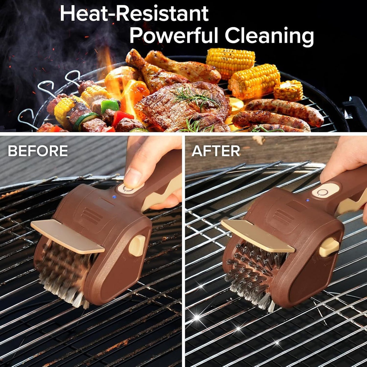 Handheld Electric Grill Cleaning Brush with Rotating Stainless Steel Head for Outdoor BBQ and Home Grill Maintenance (Brown)