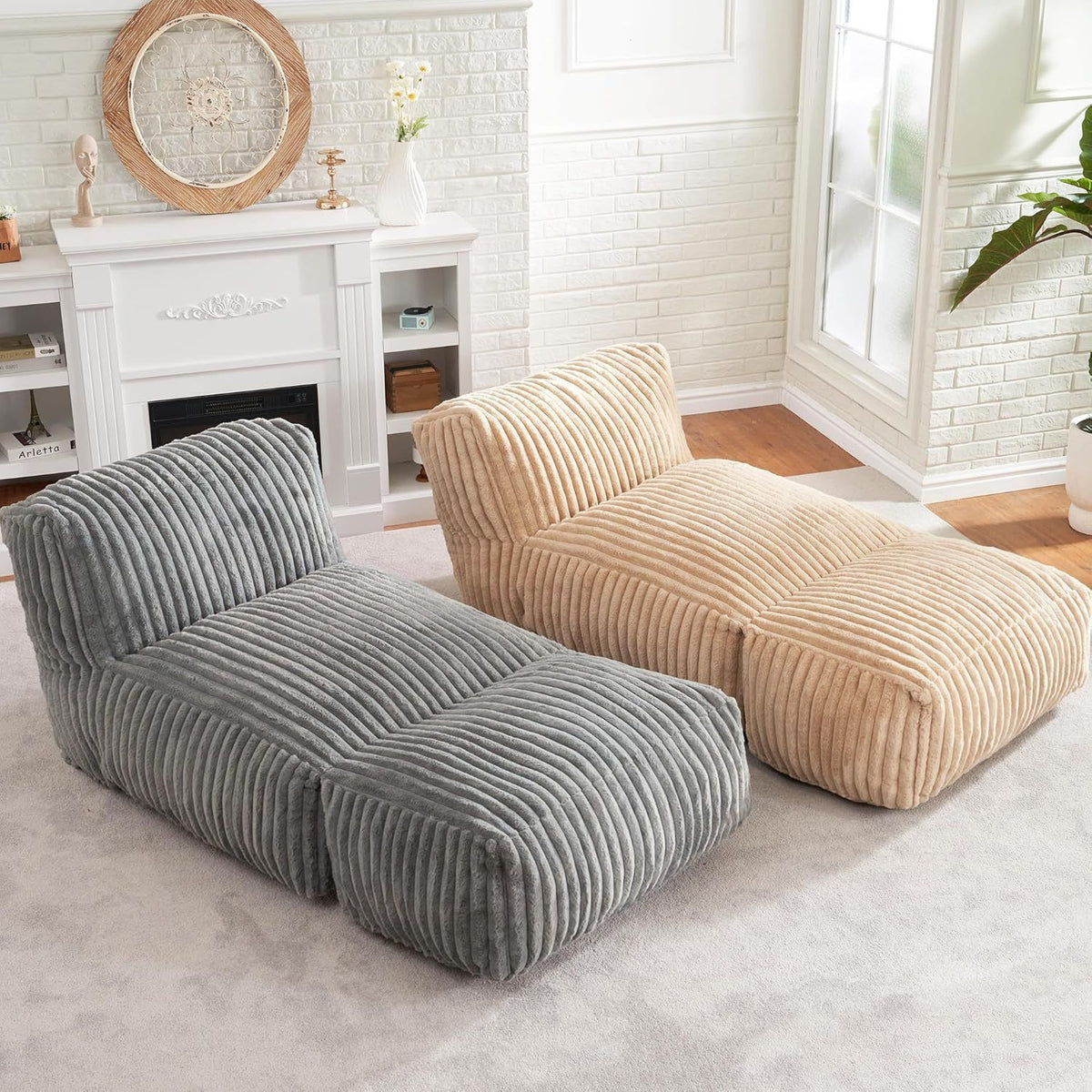 Ergonomic Bean Bag Chaise Lounger with Vertical Plush Fabric and High-Density Foam for Living Room Reading, Napping, and TV Watching (Beige)