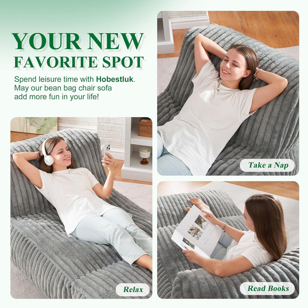 Ergonomic Bean Bag Chaise Lounger with Vertical Plush Fabric and High-Density Foam for Living Room Reading, Napping, and TV Watching (Khaki)