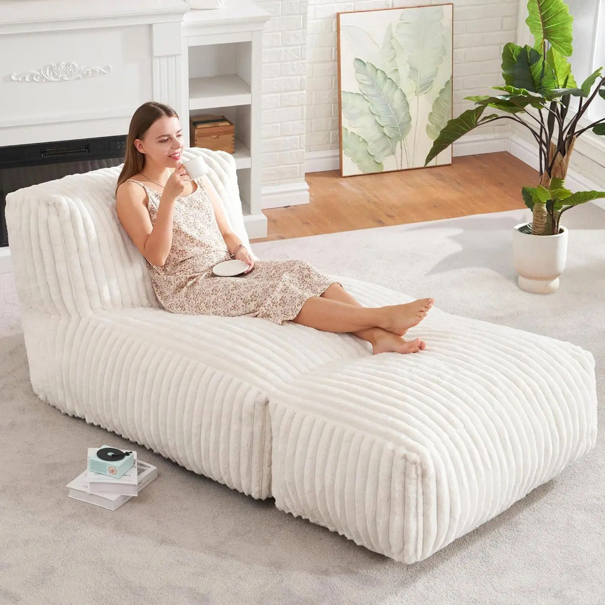 Ergonomic Bean Bag Chaise Lounger with Vertical Plush Fabric and High-Density Foam for Living Room Reading, Napping, and TV Watching (Khaki)
