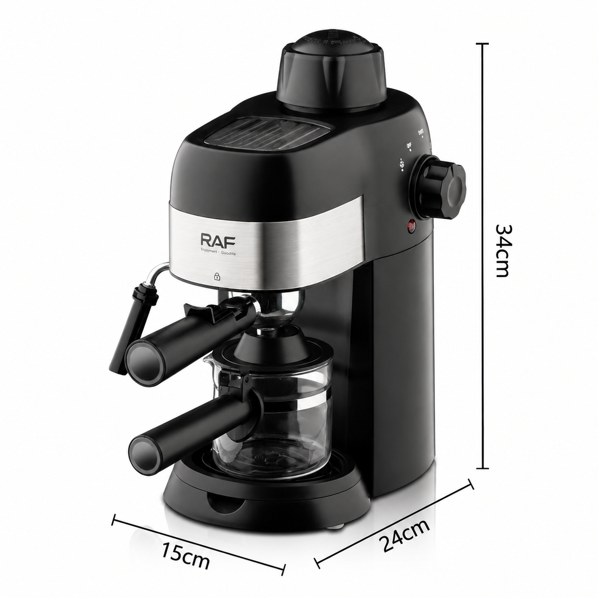 Compact 800W Espresso Coffee Maker with Steam Milk Frother, 240ml Glass Carafe, 4-Cup Capacity, Perfect for Home Kitchen and Small Office Use (Black)