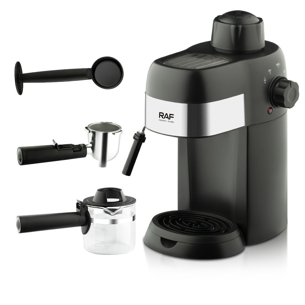 Compact 800W Espresso Coffee Maker with Steam Milk Frother, 240ml Glass Carafe, 4-Cup Capacity, Perfect for Home Kitchen and Small Office Use (Black)