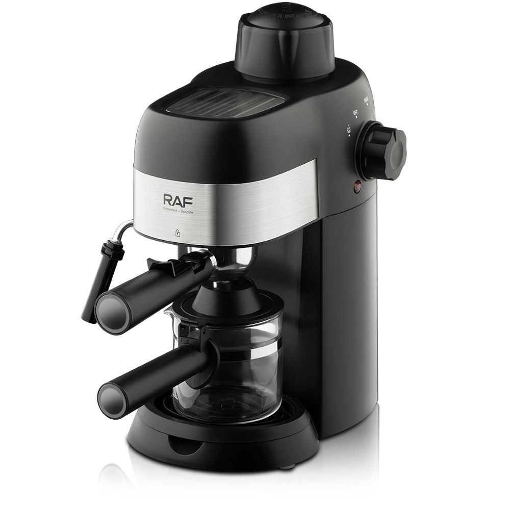 Compact 800W Espresso Coffee Maker with Steam Milk Frother, 240ml Glass Carafe, 4-Cup Capacity, Perfect for Home Kitchen and Small Office Use (Black)