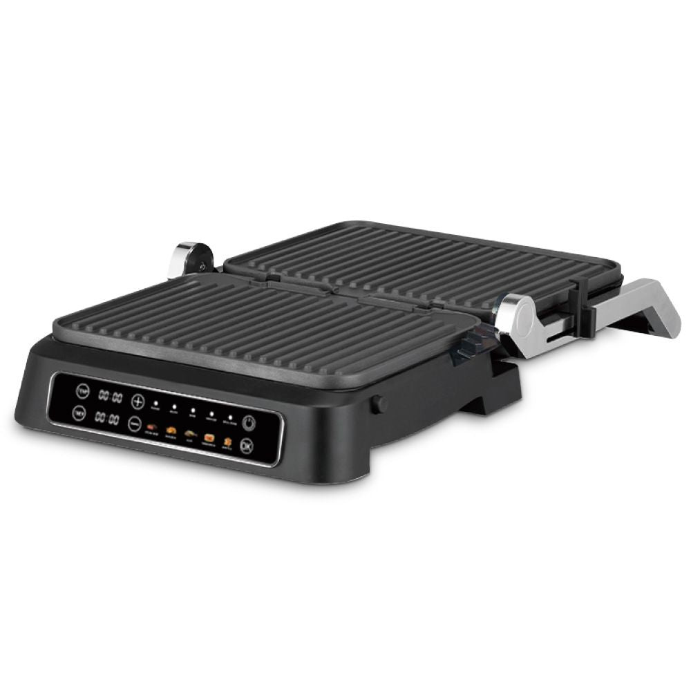 Two-in-One Electric Grill and Sandwich Maker with Interchangeable Non-Stick Plates, 180-Degree Flip-Open Design for Steaks, Paninis, Waffles, and Breakfast Favorites in Home Kitchens (Black)