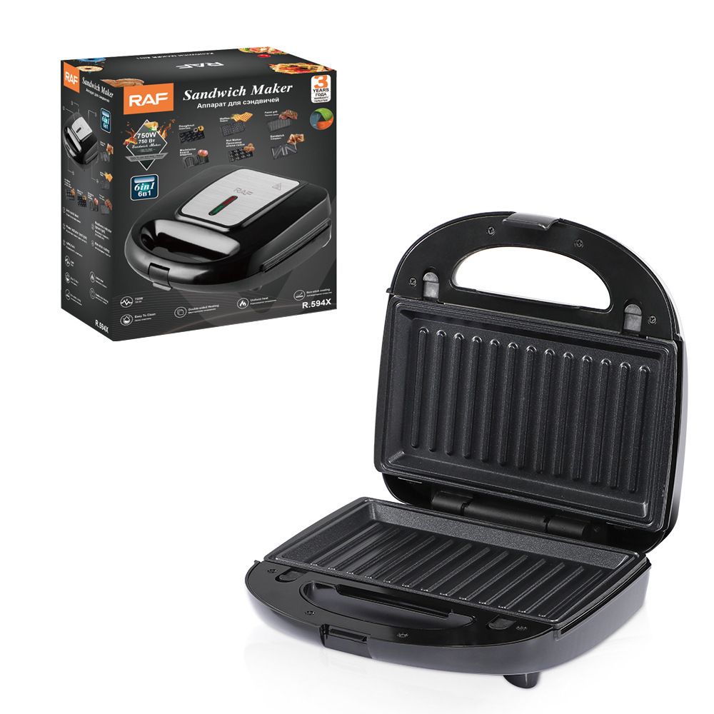 6-in-1 Electric Sandwich Maker with Interchangeable Non-Stick Plates for Waffles, Paninis, Donuts, Madeleines and Nut Snacks, Compact Countertop Press for Quick Family Meals and Breakfast (Black)