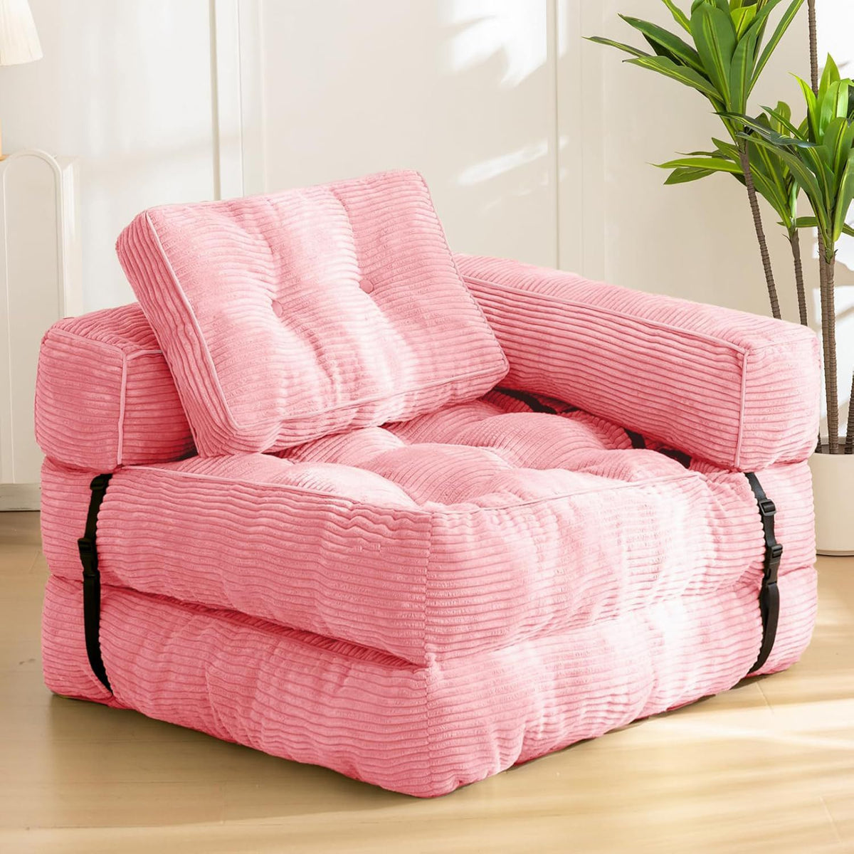 Foldable Corduroy Sofa Bed with Quilted Buttons and Pillow, Convertible Lounger for Reading, Gaming, Napping, and Relaxing at Home (Orange)