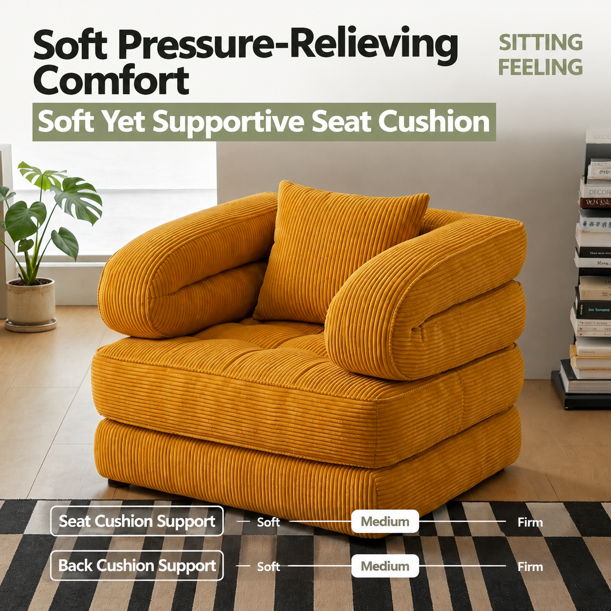 Foldable Multi-Functional Lounger Sofa with Corduroy Cover and High-Density Foam for Living Room Relaxation, Napping, and Lounging (Beige)