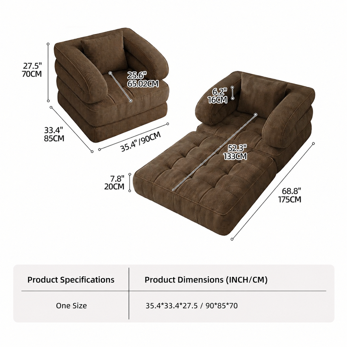 Foldable Multi-Functional Lounger Sofa with Corduroy Cover and High-Density Foam for Living Room Relaxation, Napping, and Lounging (Brown)