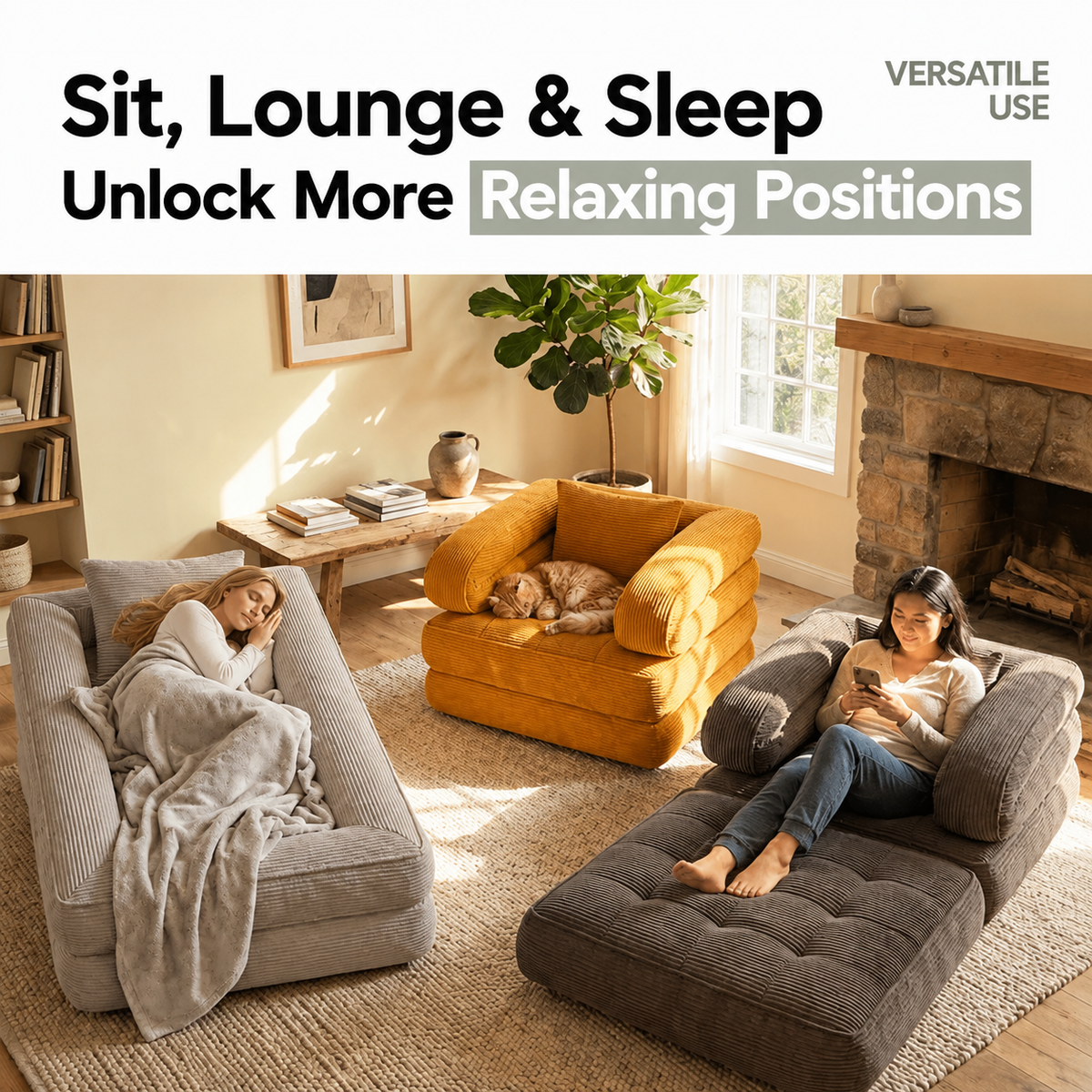 Foldable Multi-Functional Lounger Sofa with Corduroy Cover and High-Density Foam for Living Room Relaxation, Napping, and Lounging (Brown)