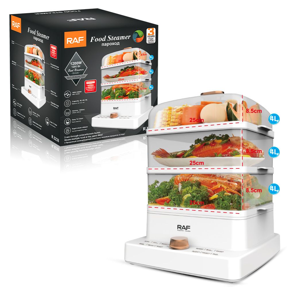 Three-Tier Electric Food Steamer with 12L Capacity, 1200W Fast Heating, Transparent Baskets for Simultaneous Cooking of Seafood, Meat, Vegetables, Dumplings and Desserts in Home Kitchens (White)