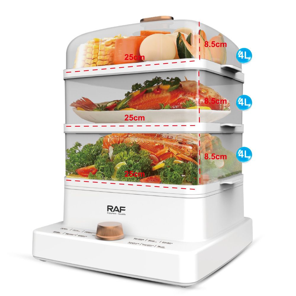 Three-Tier Electric Food Steamer with 12L Capacity, 1200W Fast Heating, Transparent Baskets for Simultaneous Cooking of Seafood, Meat, Vegetables, Dumplings and Desserts in Home Kitchens (White)