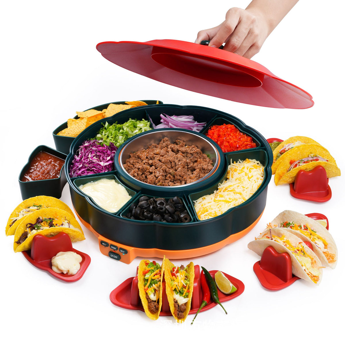 360° Rotating Taco Party Serving Set with 33oz Chocolate Fondue Warmer, Multi-Compartment Condiment Tray and Taco Holder for Family Gatherings, Game Nights and Outdoor Picnics. (Orange base, Green tray, Red lid)