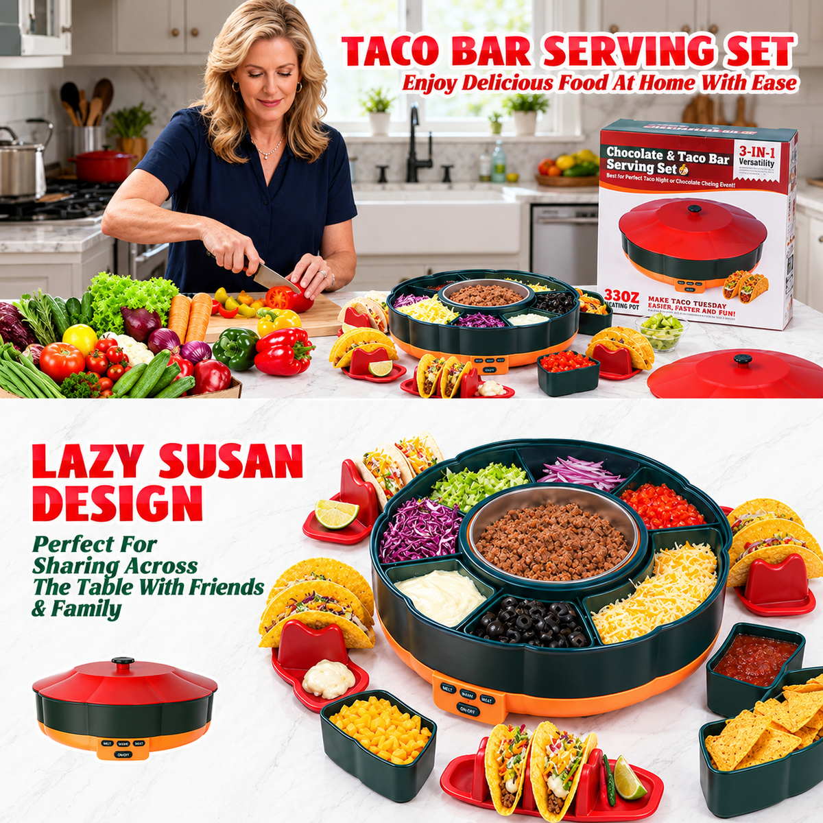 360° Rotating Taco Party Serving Set with 33oz Chocolate Fondue Warmer, Multi-Compartment Condiment Tray and Taco Holder for Family Gatherings, Game Nights and Outdoor Picnics. (Orange base, Green tray, Red lid)