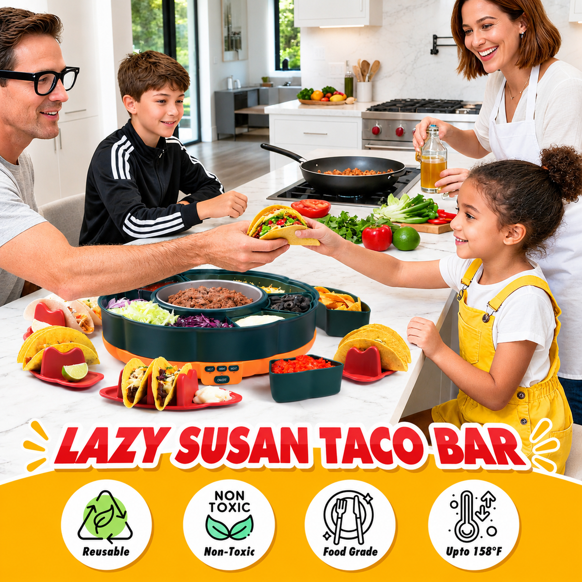 360° Rotating Taco Party Serving Set with 33oz Chocolate Fondue Warmer, Multi-Compartment Condiment Tray and Taco Holder for Family Gatherings, Game Nights and Outdoor Picnics. (Orange base, Green tray, Red lid)
