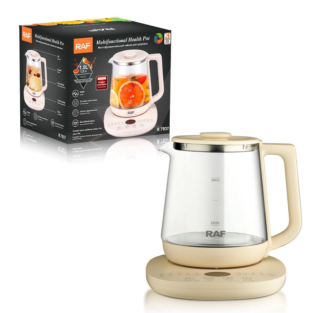 Multifunctional Electric Glass Kettle with Stainless Steel Base for Tea, Soup, Porridge, and Baby Food, 1.5L Capacity, 24-Hour Preset, Ideal for Home and Office Use (Beige)