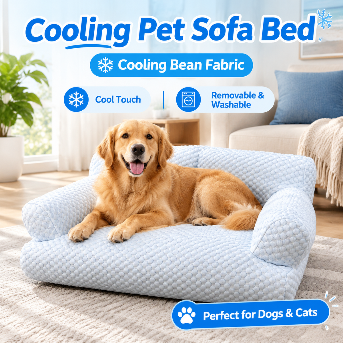 Cooling Pet Sofa Bed for Cats and Dogs, Breathable Ice Silk Bean Fabric with Supportive Edges, Removable Washable Cover, Non-Slip Bottom, Ideal for Summer Lounging in Living Rooms and Bedrooms (Light Green, L)