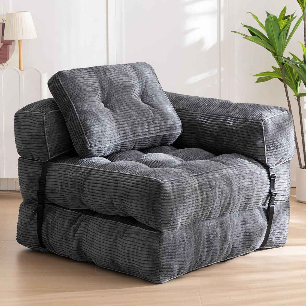 Foldable Corduroy Sofa Bed with Tufted Buttons and Side Buckle Straps, Convertible Lounger for Reading, Gaming, Napping and Relaxing in Living Rooms (Grey)