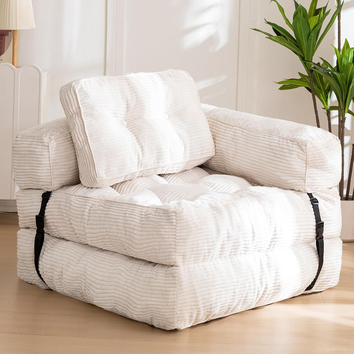Foldable Corduroy Sofa Bed with Tufted Buttons and Side Buckle Straps, Convertible Lounger for Reading, Gaming, Napping and Relaxing in Living Rooms (Grey)
