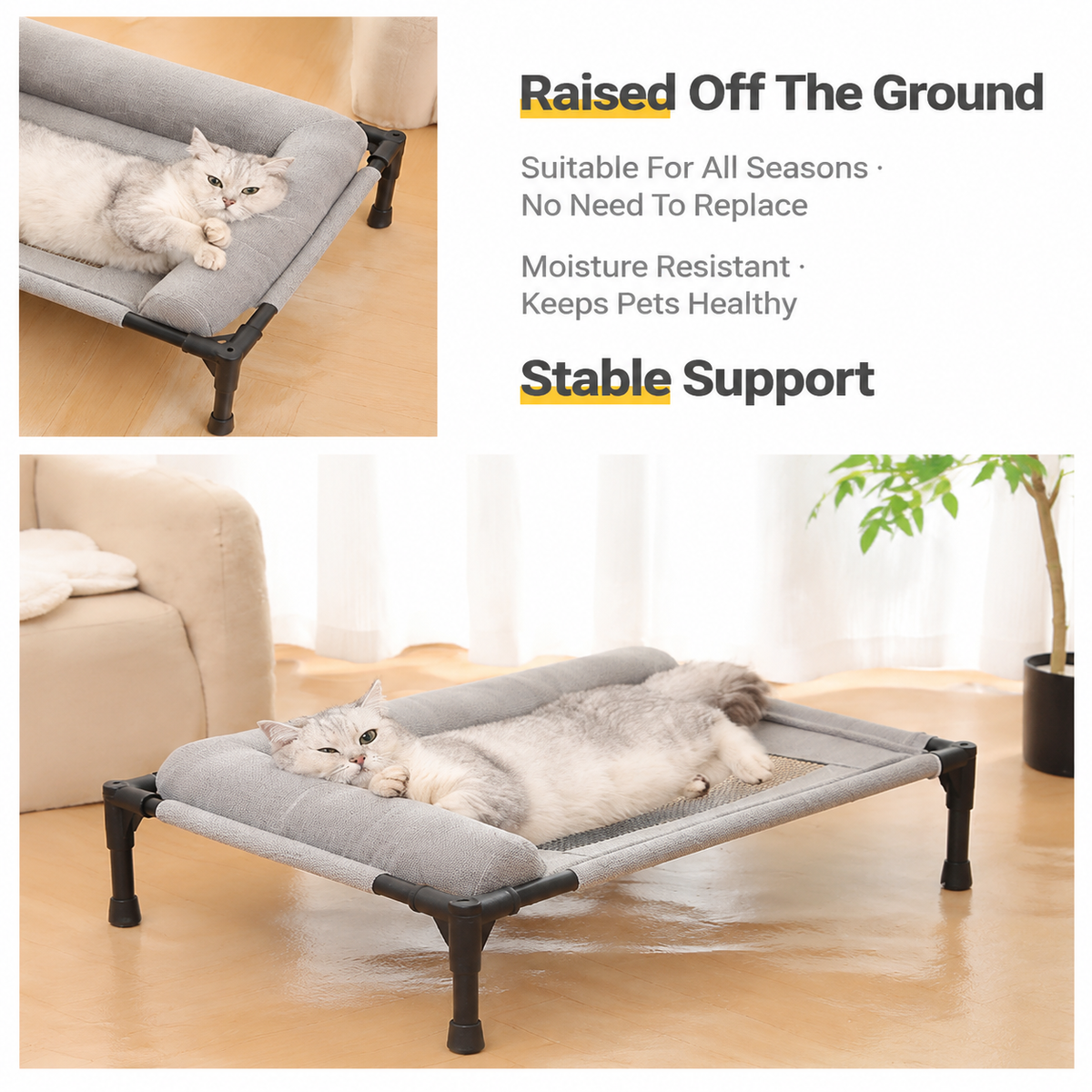 Elevated Pet Cot with Bolster Cushion for Cats and Small Dogs, Breathable Mesh Bed for Indoor Living Room and Bedroom Comfort (Army Green)