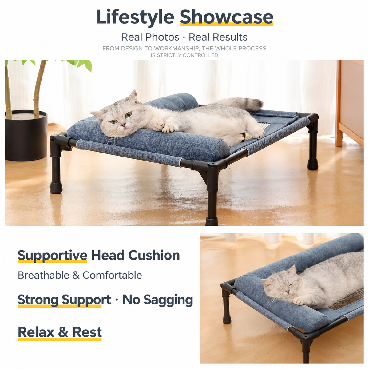 Elevated Pet Cot with Bolster Cushion for Cats and Small Dogs, Breathable Mesh Bed for Indoor Living Room and Bedroom Comfort (Dark Orange)