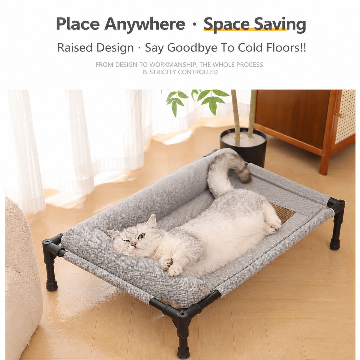 Elevated Pet Cot with Bolster Cushion for Cats and Small Dogs, Breathable Mesh Bed for Indoor Living Room and Bedroom Comfort (Light Orange)