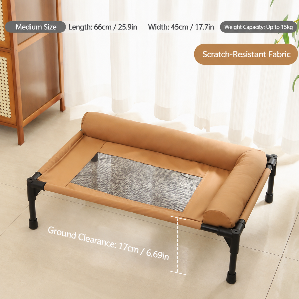 Elevated Pet Cot with Bolster Cushion for Cats and Small Dogs, Breathable Mesh Bed for Indoor Living Room and Bedroom Comfort (Navy)