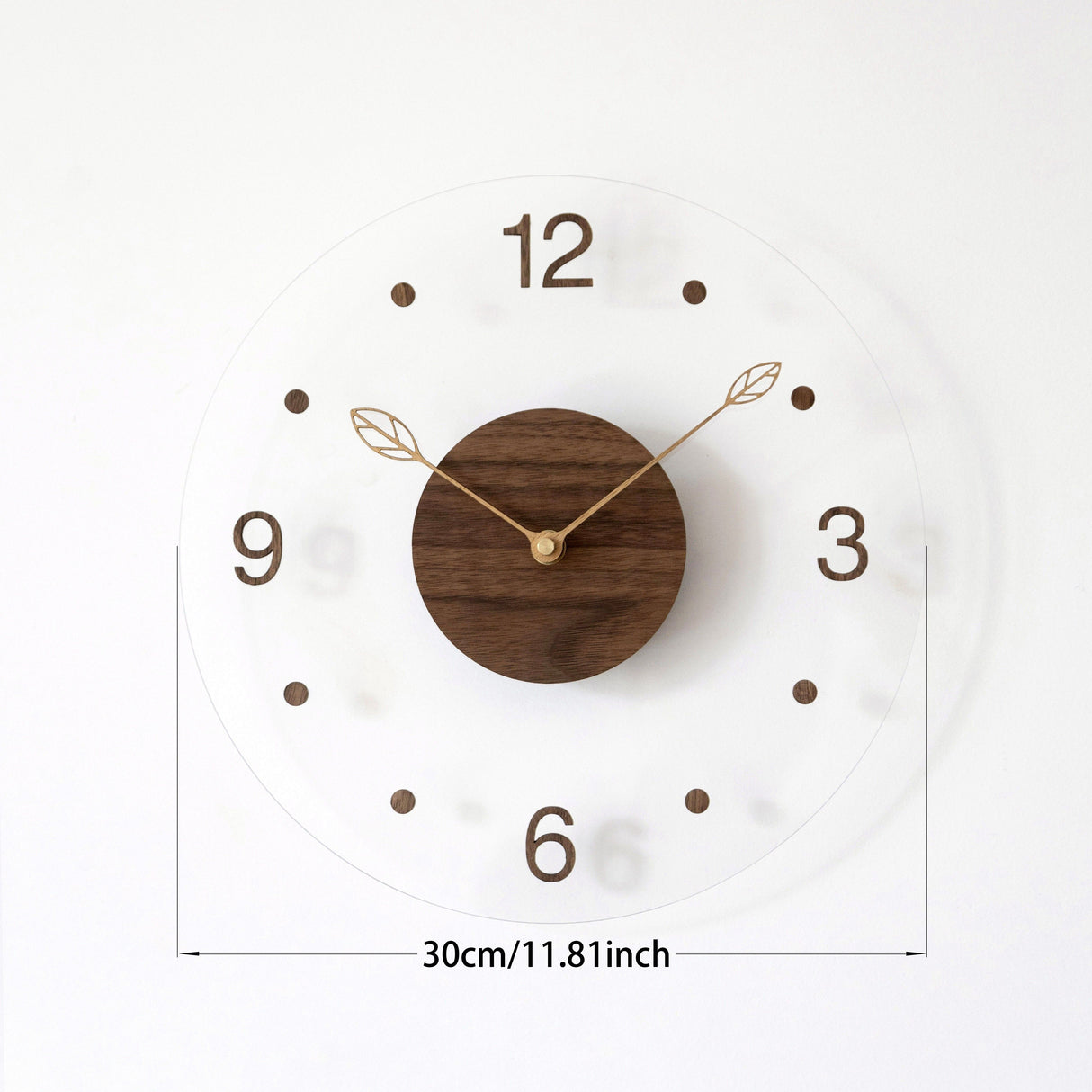 Brown Black Modern Wall Clock Transparent Clock Wooden Centre Clock Leaf Hands Clock