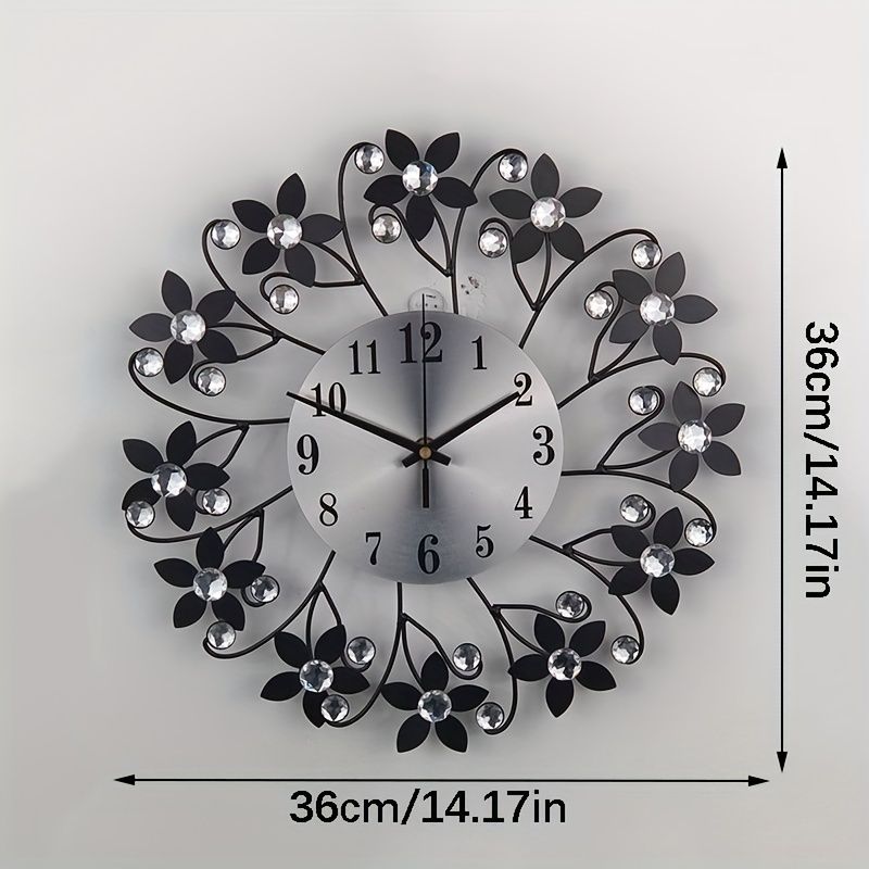 Black Blue Floral Wall Clock Crystal Wall Clock Silent Wall Clock Home Decor Clock Elegant