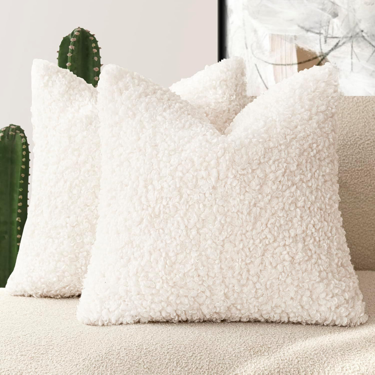 2 artificial fur pillowcases, soft pillowcases, decorative wool roll pillowcases, suitable for beds, sofas, living rooms, white(without pillow core)