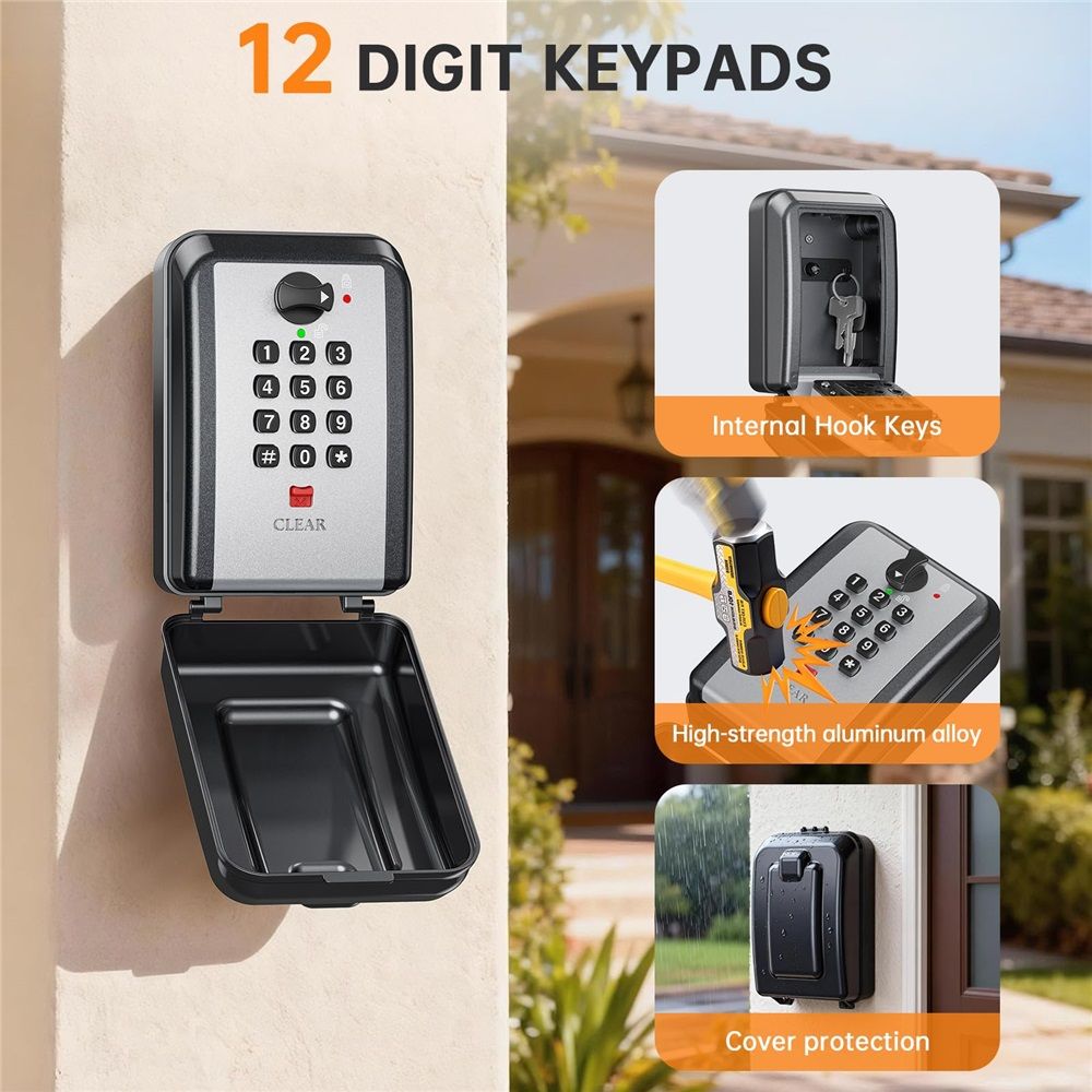 Wall-Mounted Lock Box for Keys with Code, 4 Digits Combination Key Lock Box with Resettable Spare Key, Weatherproof & Large Capacity Key Safe Storage Lockbox for Home, Apartment, Office, Garage