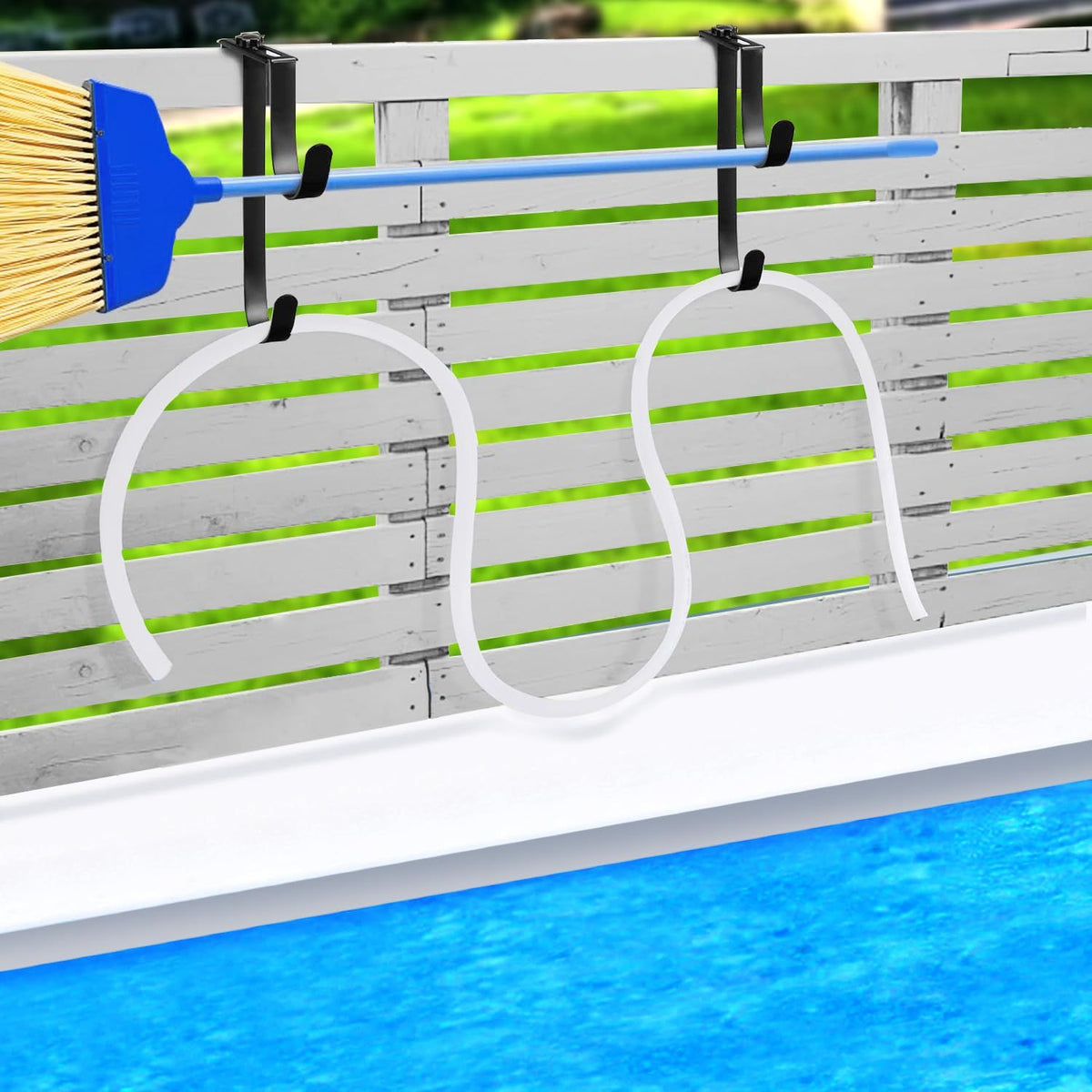 2 Pcs Double Pool Fence Hooks for Pool Equipment - Adjustable Pool Pole Hanger Rustproof Pool Hooks for Poles Black