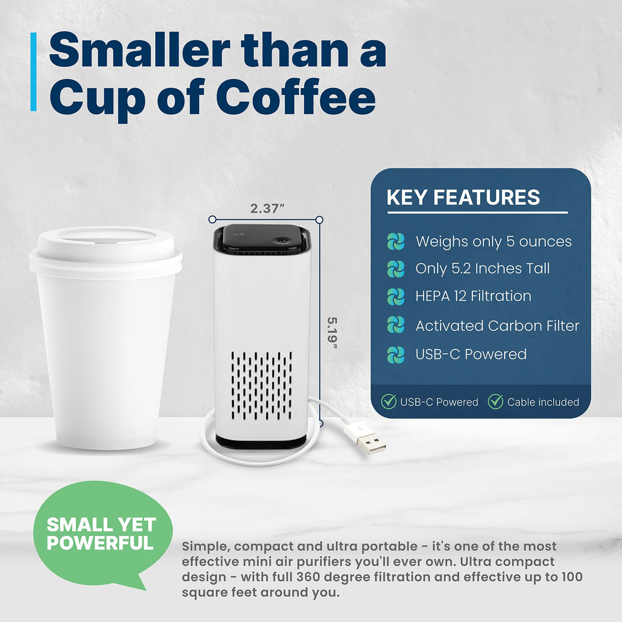 Mini Powered Air Purifier. Ultra Portable (5.2in tall, 6.7 ounces), Ultra Quiet. for Travel, In-Car and Desktop (White)