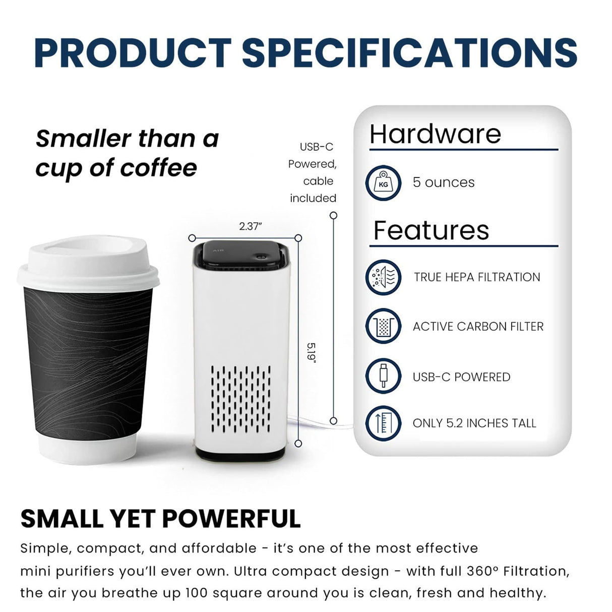 Mini Powered Air Purifier. Ultra Portable (5.2in tall, 6.7 ounces), Ultra Quiet. for Travel, In-Car and Desktop (White)