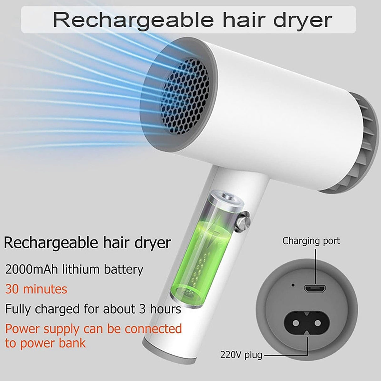 Cordless Hair Dryer, Portable Travel Hair Dryer, Rechargeable Wireless Hair Dryer with Hot and Cold Air for Indoor Outdoor