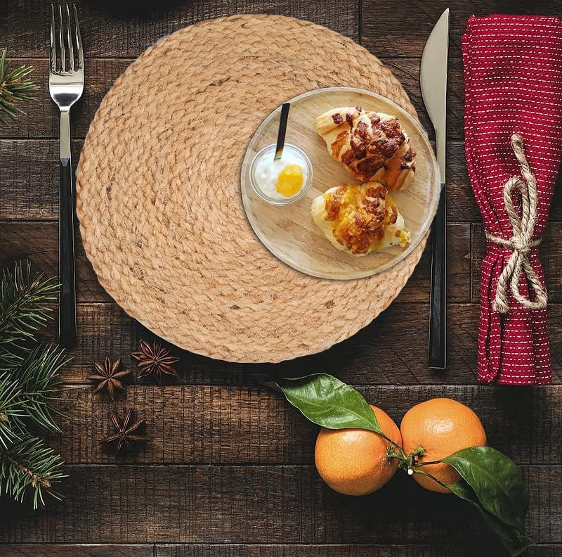 Jute Hand Braided Tablemat Set of Natural Fiber Rustic Vintage Farmhouse Table top & Dining Table Round Placemat for Parties