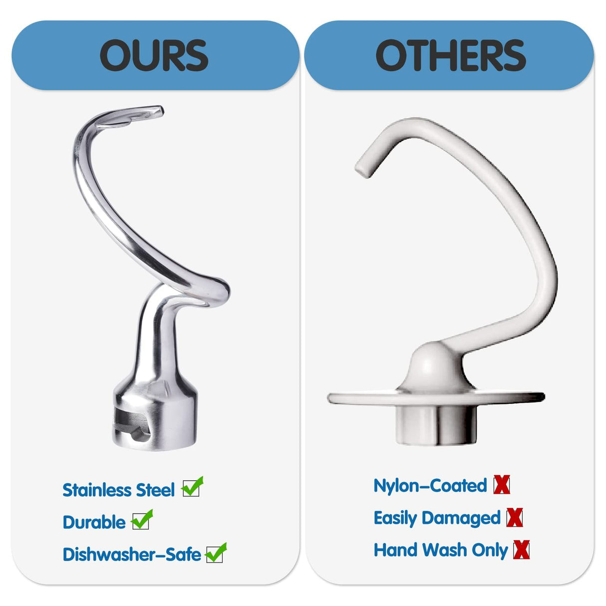 Stainless Steel Spiral Dough Hook Attachment Tilt-Head Stand Mixer, Dough Hook, Dishwasher Safe, Mixer Accessory