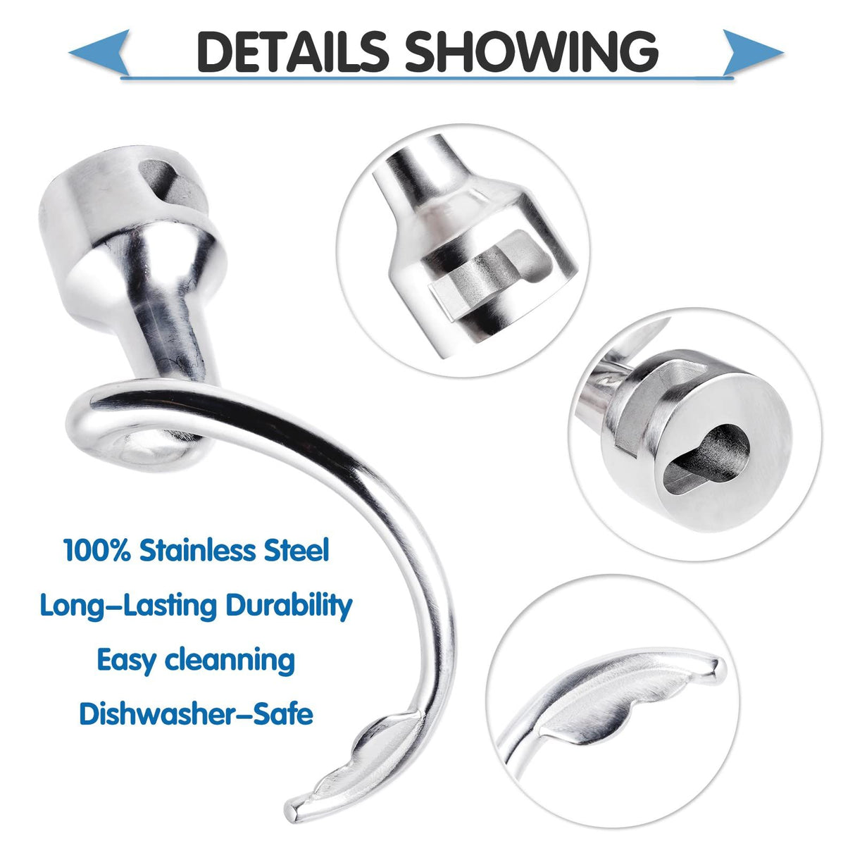 Stainless Steel Spiral Dough Hook Attachment Tilt-Head Stand Mixer, Dough Hook, Dishwasher Safe, Mixer Accessory