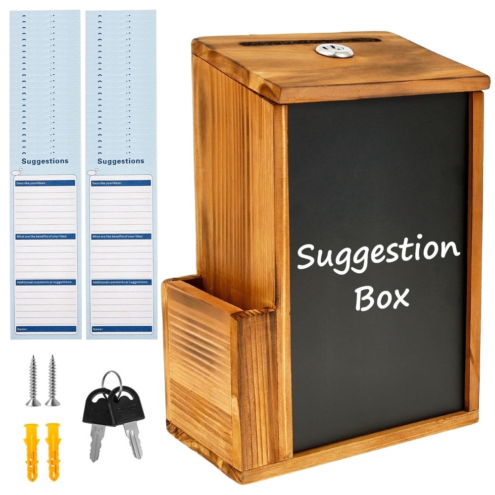 Suggestion Box with Slot and Lock Wood Donation Box with 50 Suggestion Cards and 2 Keys,6.85*3.86*9.72in