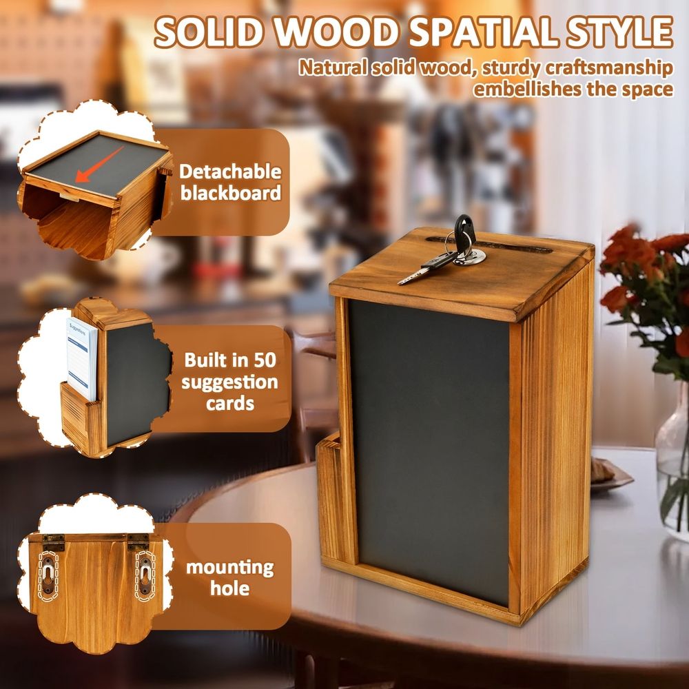 Suggestion Box with Slot and Lock Wood Donation Box with 50 Suggestion Cards and 2 Keys,6.85*3.86*9.72in