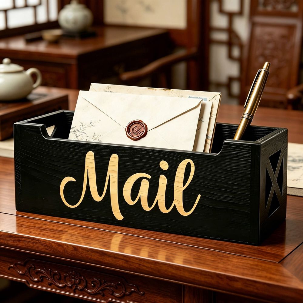 Wooden Mail Organizer Desktop, Black Letter Storage Box, Desk Mail Sorter, Compact Countertop Holder for Home Office, Entryway and Desk Organization