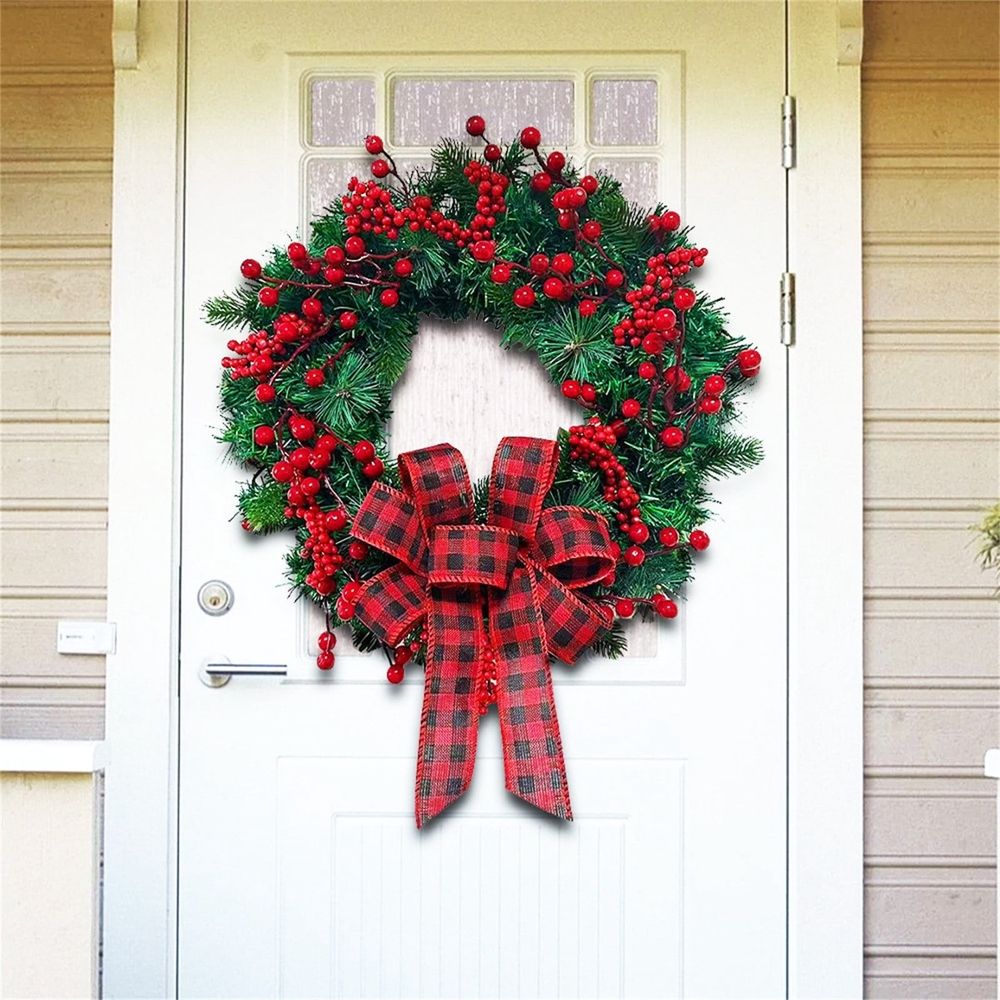 Christmas Wreath for Front Door, Artificial Christmas Door Wreath with Red Berries Buffalo Plaid Bow, Green Pine Wreath for Wall Window Holiday Farmhouse Decor