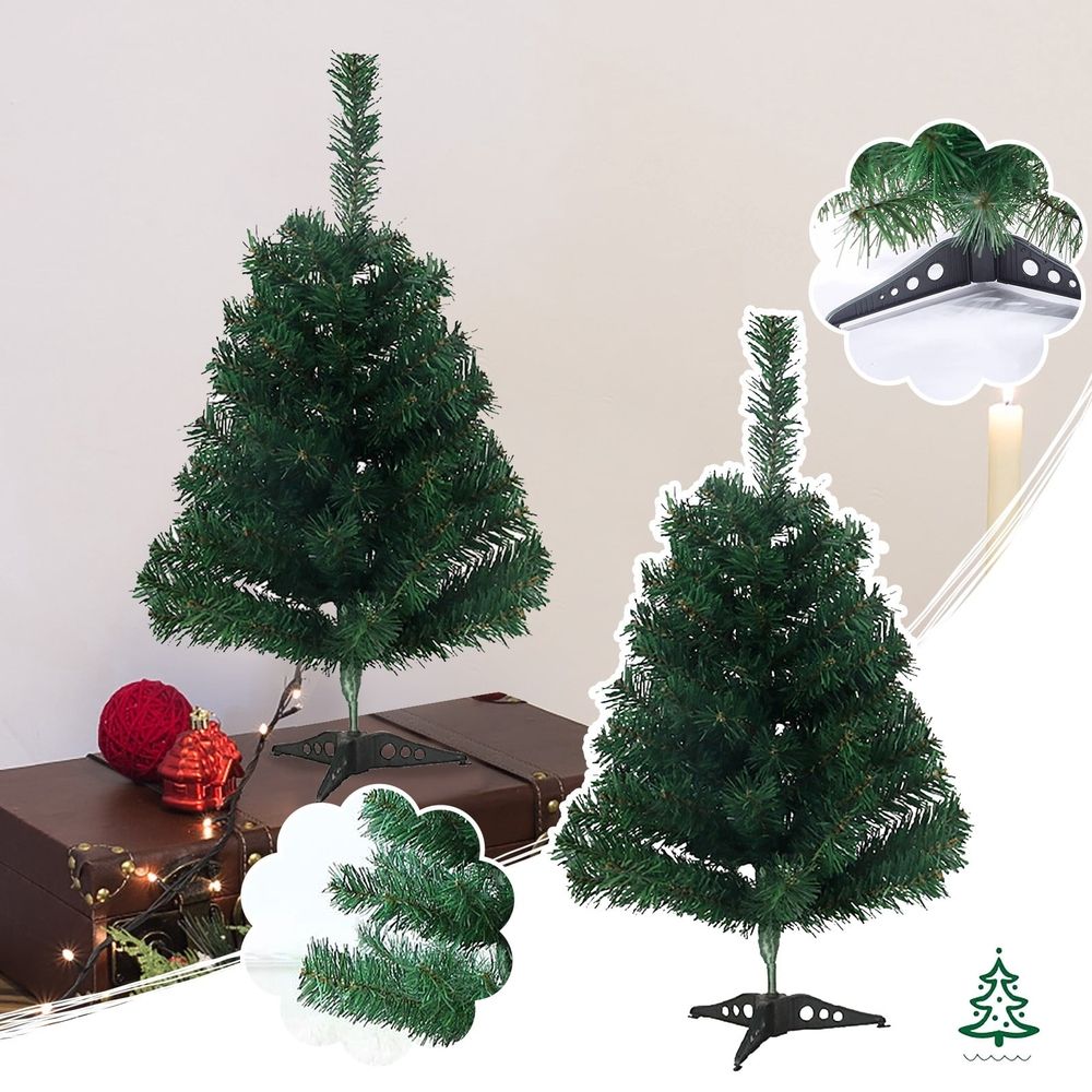 2ft Mini Tabletop Christmas Tree, 60cm Artificial Small Tree with 50 Tips, PVC Christmas Tree with Plastic Stand for Desk Holiday Decor