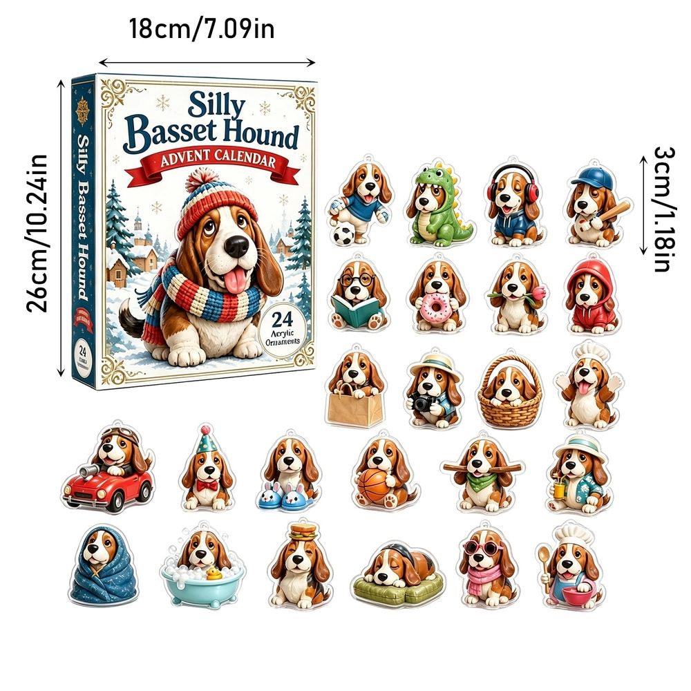 24-Day Silly Basset Hound Advent Calendar 2026, 24Pcs 2D Acrylic Funny Dog Ornaments Blind Box, Christmas Countdown Hanging Charms for Tree Decor, Gift for Basset Hound Lovers