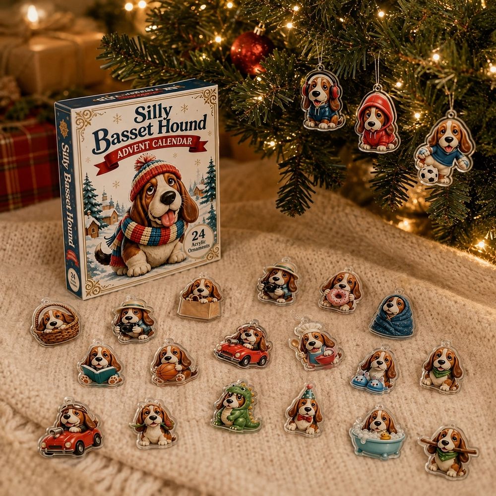 24-Day Silly Basset Hound Advent Calendar 2026, 24Pcs 2D Acrylic Funny Dog Ornaments Blind Box, Christmas Countdown Hanging Charms for Tree Decor, Gift for Basset Hound Lovers