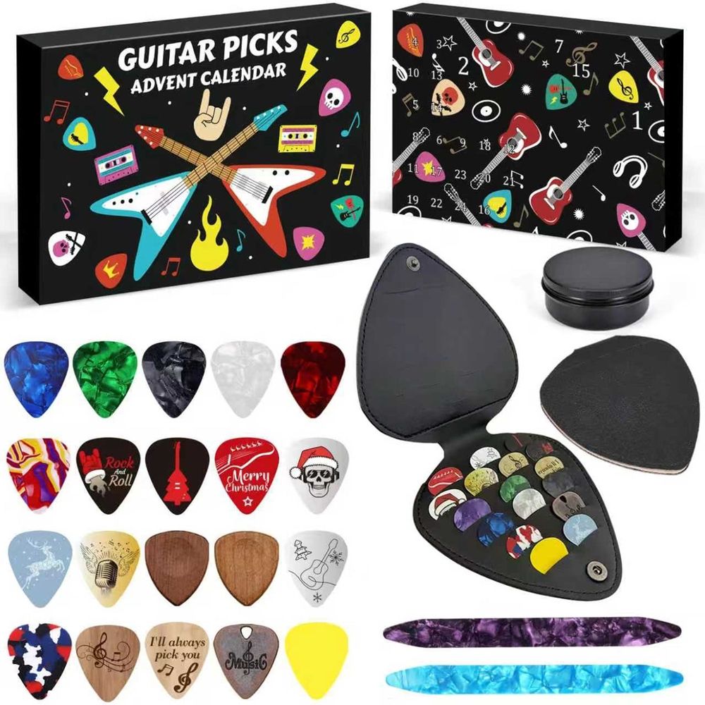Guitar Picks Advent Calendar, 24 Days Christmas Countdown with Guitar Picks Thumb Picks PU Leather Case, Music Gift for Guitar Player Ukulele Lover